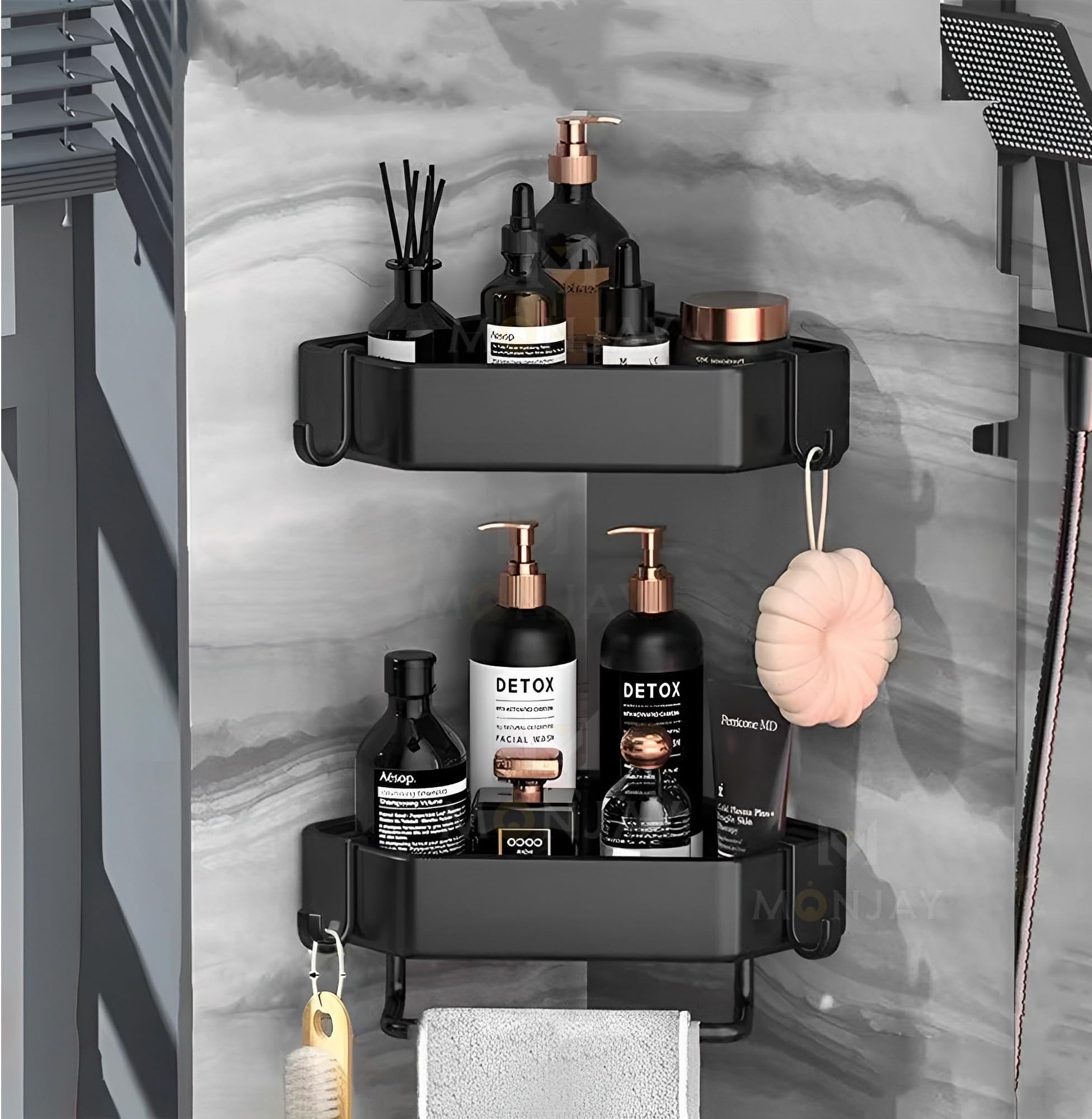 MONJAY Self-Adhesive Aluminium Bathroom Corner Shelf Rack Bathroom Corner Organizer Stand Bathroom Organisers Storage Racks Bathroom Shelf/Shelves Corner (King)(2 Shelf)