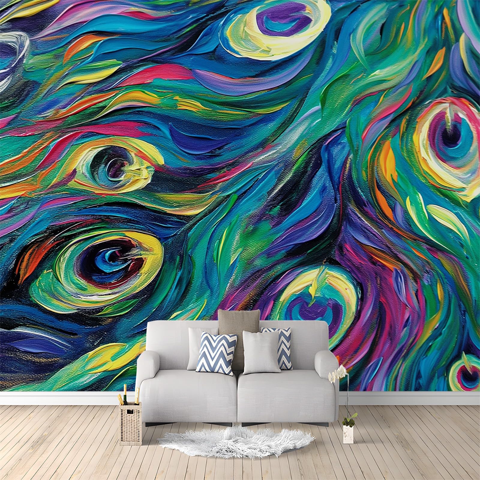 Tapeta 300 x 210 cm, tapeta z włókniny, abstrakcyjne pawie pióra, dekoracja, wodoszczelna, folia ochronna na ścianę, do sypialni, salonu, folia meblowa, tapeta ścienna, kolorowa, w zestawie poradnik