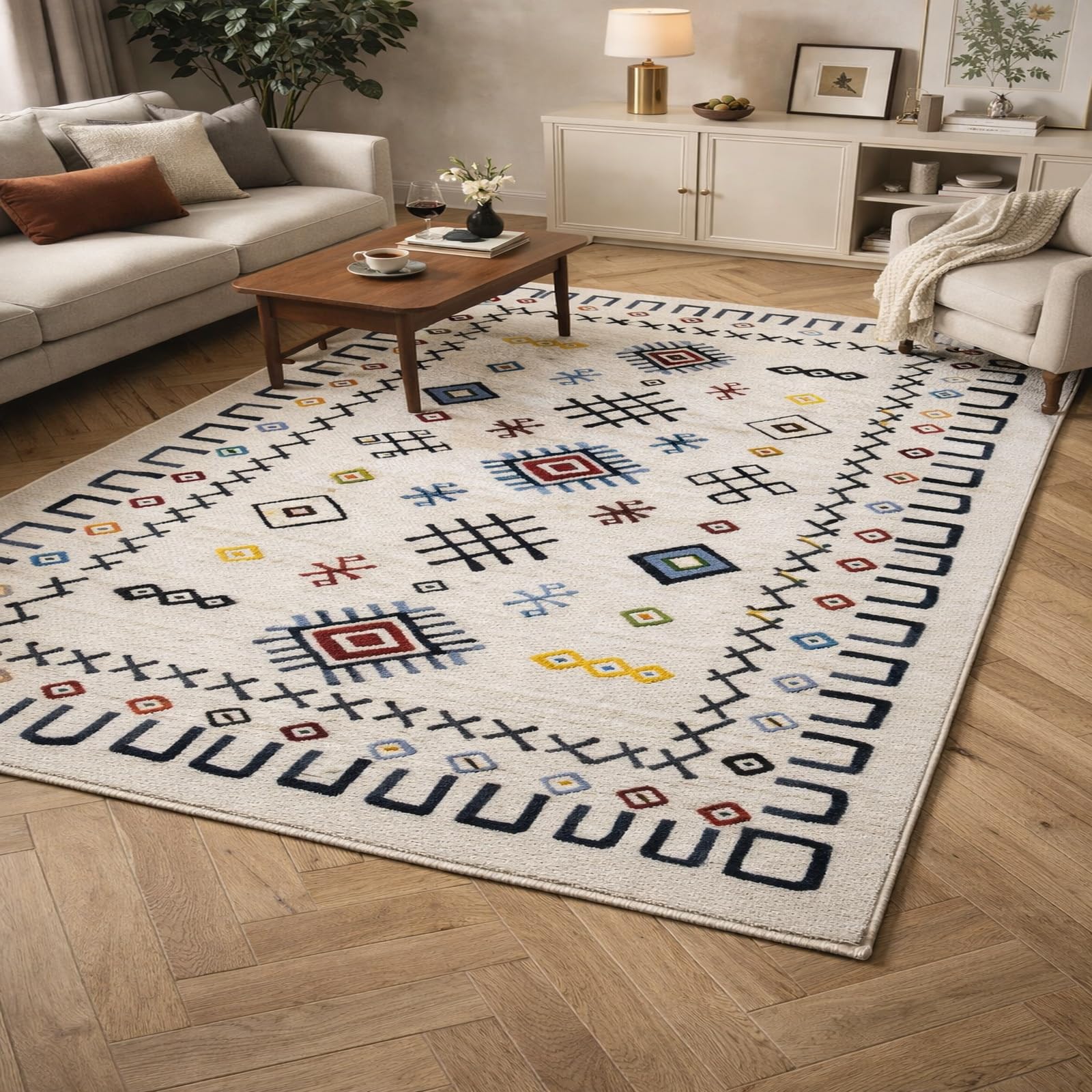 Teppiche Wohndeko für Wohnzimmer Schlafzimmer Aesthetic Room Decor,Geometrisches Vintage-Muster, Schwarz, Rot, Blau, Gelb, Grün, Weiß, 155 x 200 cm