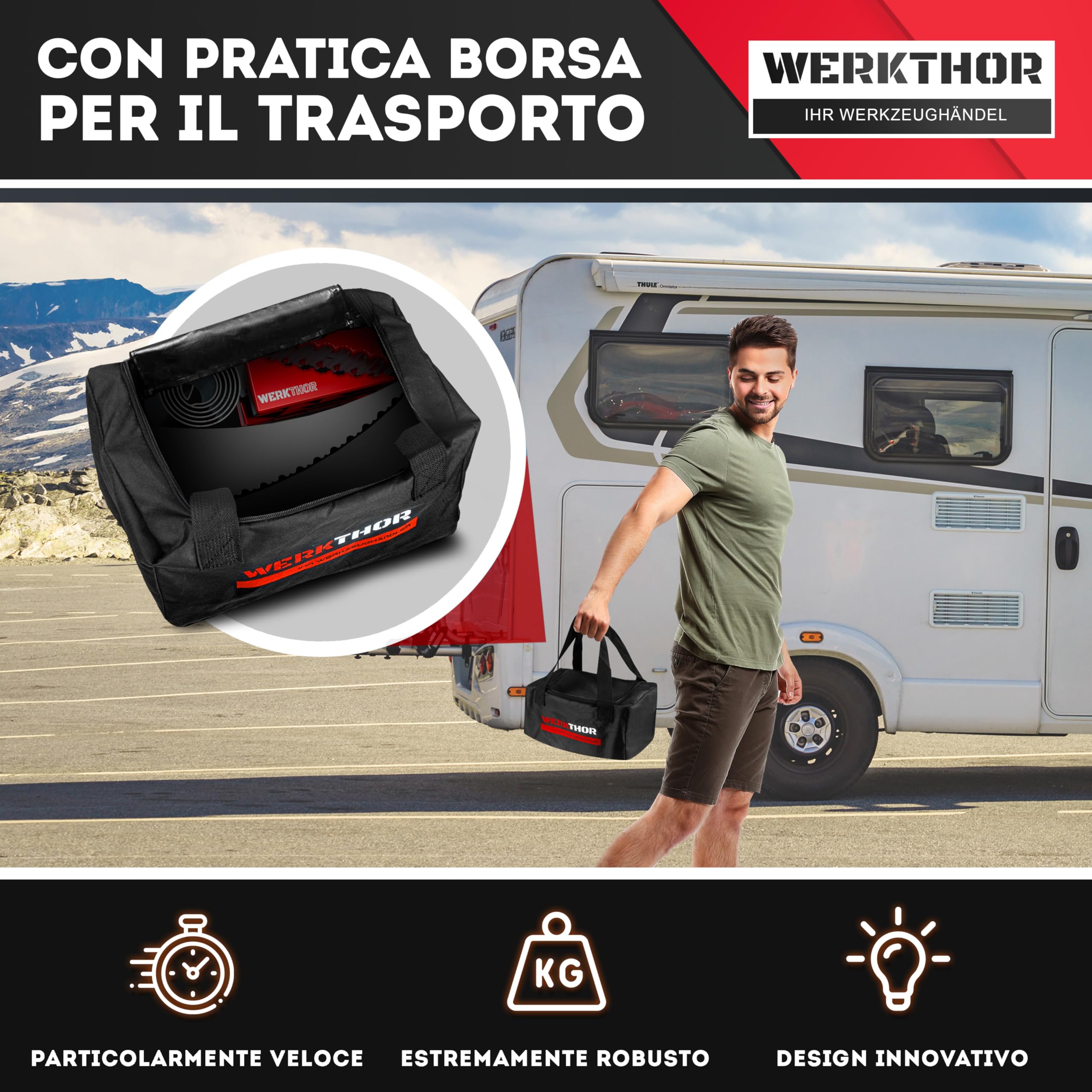 WERKTHOR Cunei per Camper Rosso Set di 2, Collaudati per Caravan e Rimorchi fino a 13,5t, con Borsa di Trasporto