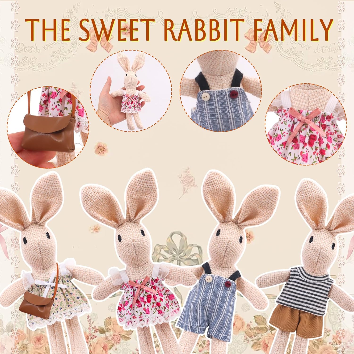 HAPGFS Handmade Rabbit Family Dolls Set of 4 with Removable Outfits & Bag, Realistic Dollhouse People Figures for Imaginative Play, Kids Room Decoration, Easter Bunny