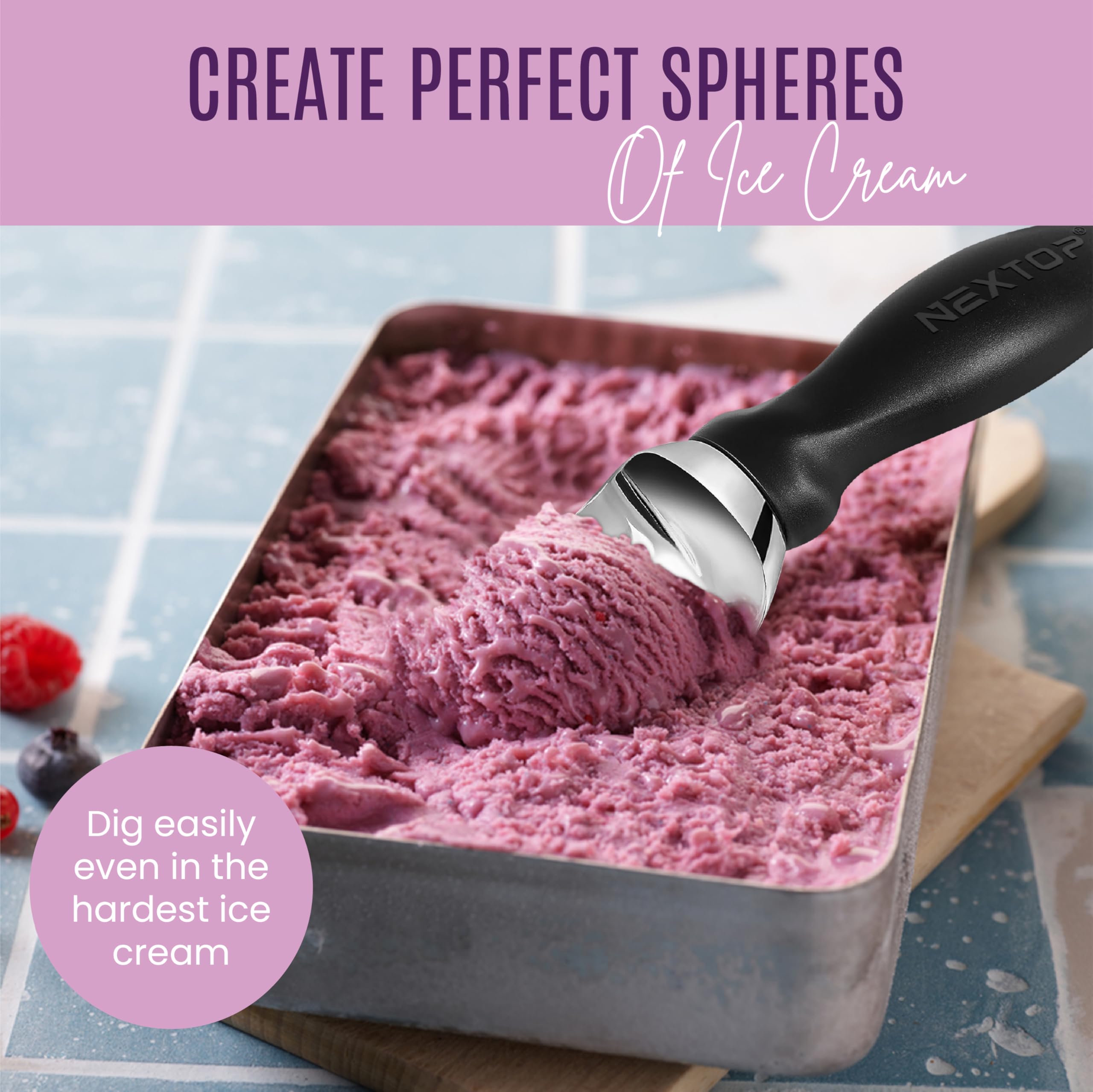 Nextop Cuchara de helado con mango cómodo, cuchara ergonómica, cucharas redondas de metal perfectas y duraderas, ideales para helado, sorbete, gelatina, perfecto para uso doméstico, esencial de cocina