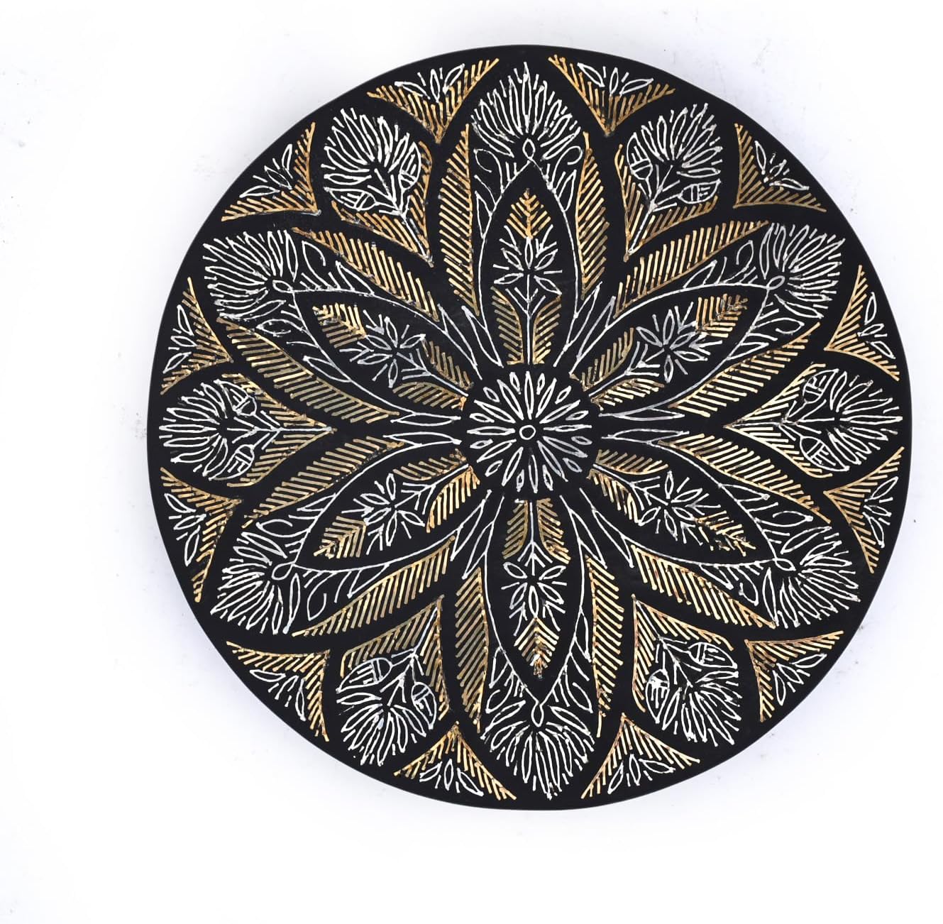 NATRIEL Bidri Art Decorative Plate, Round, Black and Gold Mandala Design, 5.9 Inch