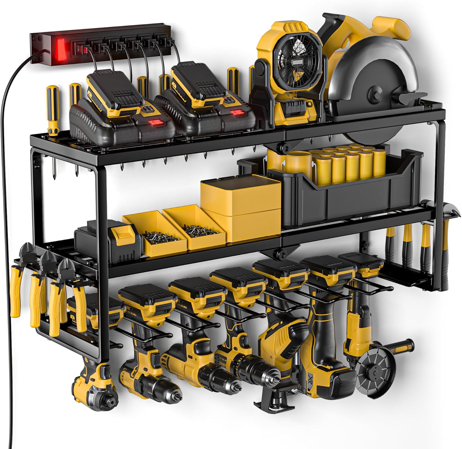 Power Tool Organizer Wall Mount with Charging Station, 7 Slots for Cordless tool Storage, Tool Battery Holde with 6 Outlet Power Strip, Utility Rack for Garage/Workshop, Christmas Gift