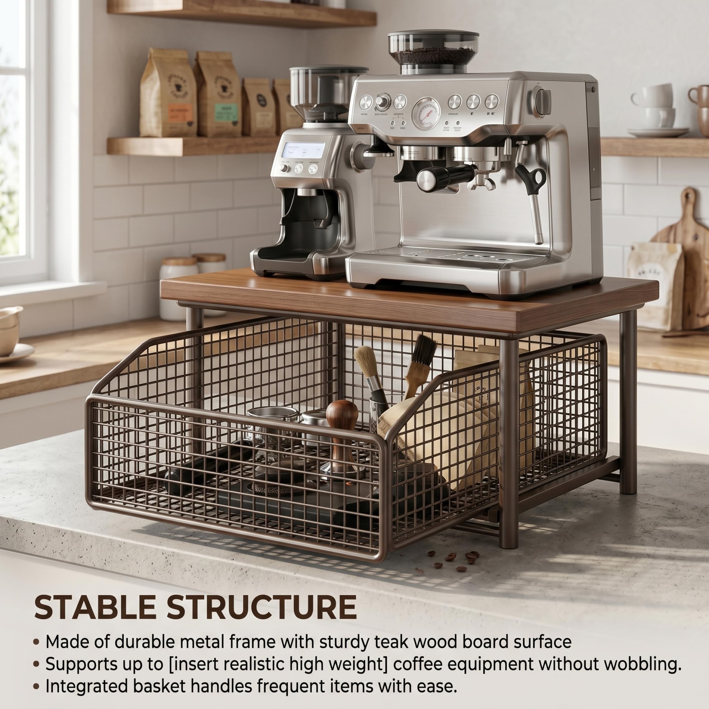 Organizador de estación de café Soporte de café de Metal Resistente con cajón y Bandeja de Madera para Cocina/baño/Bar/Oficina 14, 6 × 9, 8 × 7, 1 Pulgadas