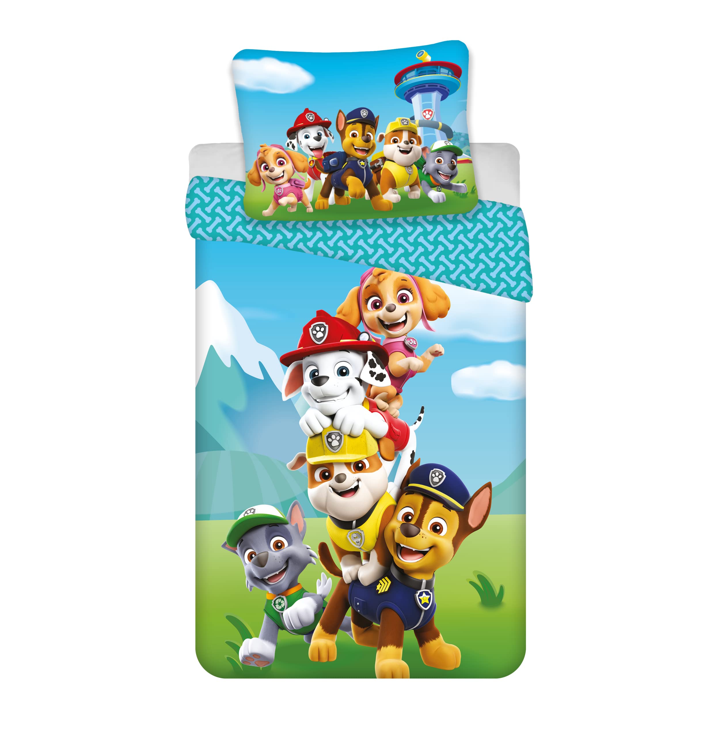 Paw Patrol Multicolored Brandmac Bedding Set, 100% Cotton, Reversible Duvet Cover 140 X 200 Cm + Pillowcase 65 X 65 Cm
