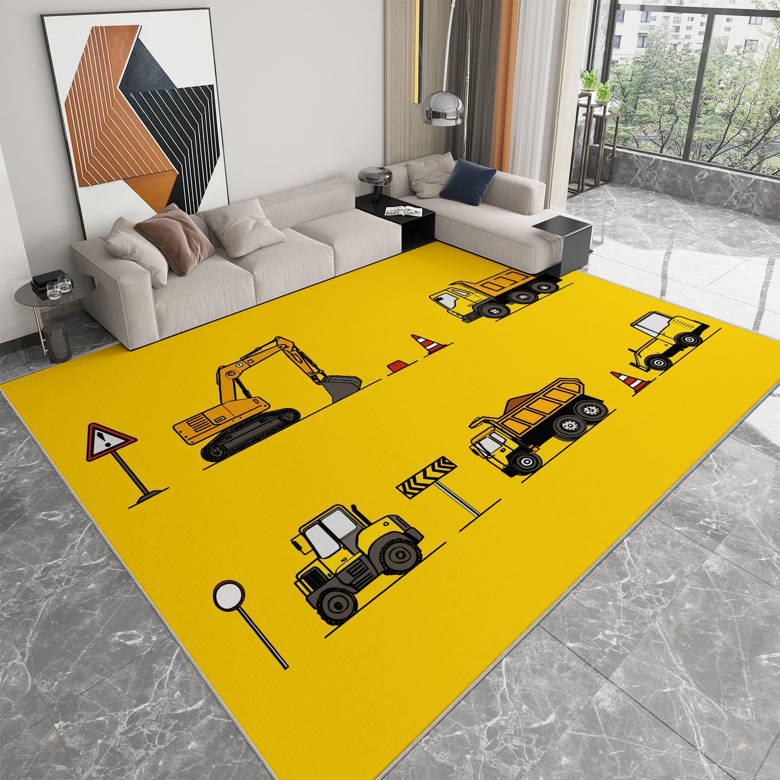 Tappeto Salotto Veicolo Da Costruzione Giallo 80x150cm Morbido Tappeto Scendiletto Camera da Letto Tappeti Lavabili per Soggiorno Cameretta Bambino Ufficio