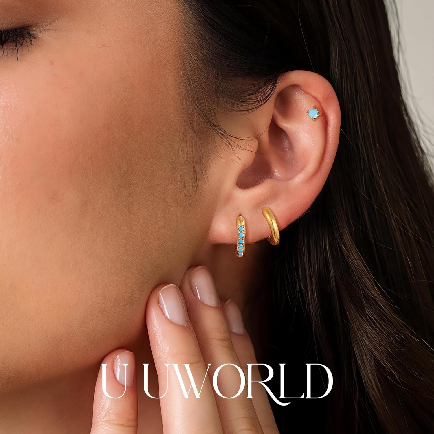 3 Pairs Small Hoop Earrings Set,Heart Turquoise Earrings for Women,18K Gold Plated Stainless Steel Cartilage Earrings for Multiple Piercings,Dainty Chain Earrings Hypoallergenic Jewelry Gift for Her - Image 4