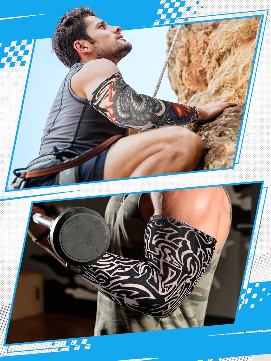 Boao 20 Pcs Men's Cooling Arm Sleeves Long Fingerless Arm Cover Anti Slip UV Protection Sun Temporary Tattoo Sleeves