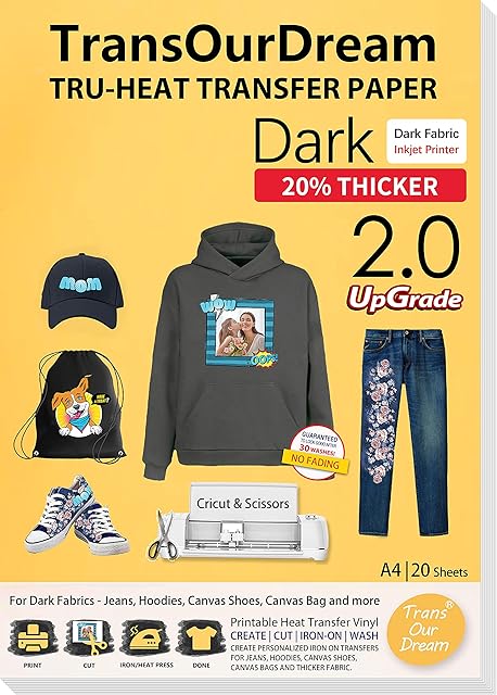 TransOurDream Tru-Heat Transfer Paper Inkjet Upgraded 2.0 20 Sheets A4 For Thick Fabric Iron On Transfers For Dark & Black heavy, Striped, Canvas, Denim, Easy To Transfer Printable vinyl (Trans-02-20)