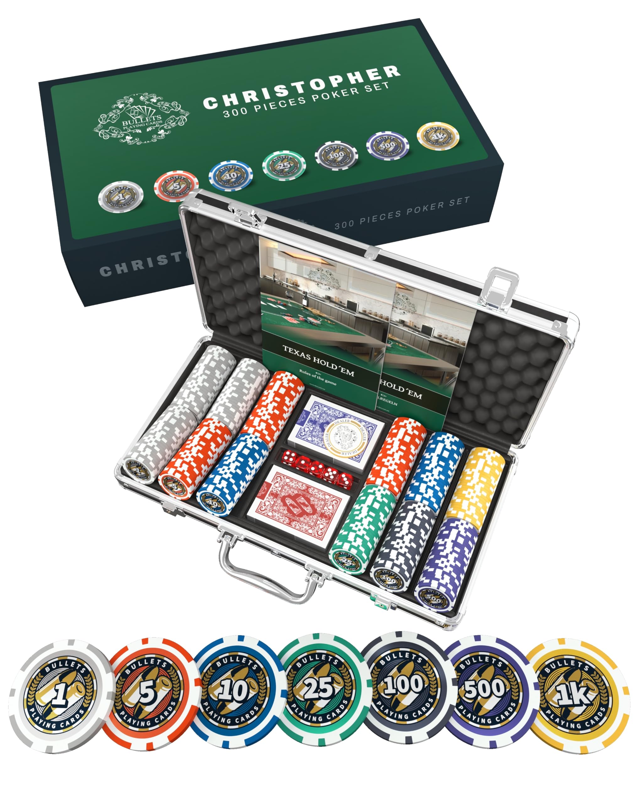 Bullets Playing Cards, Kuferek Christopher, zestaw do pokera z 300 żetonami z tworzywa sztucznego, w zestawie ceramiczny przycisk dealera, podwójne opakowanie kart do pokera