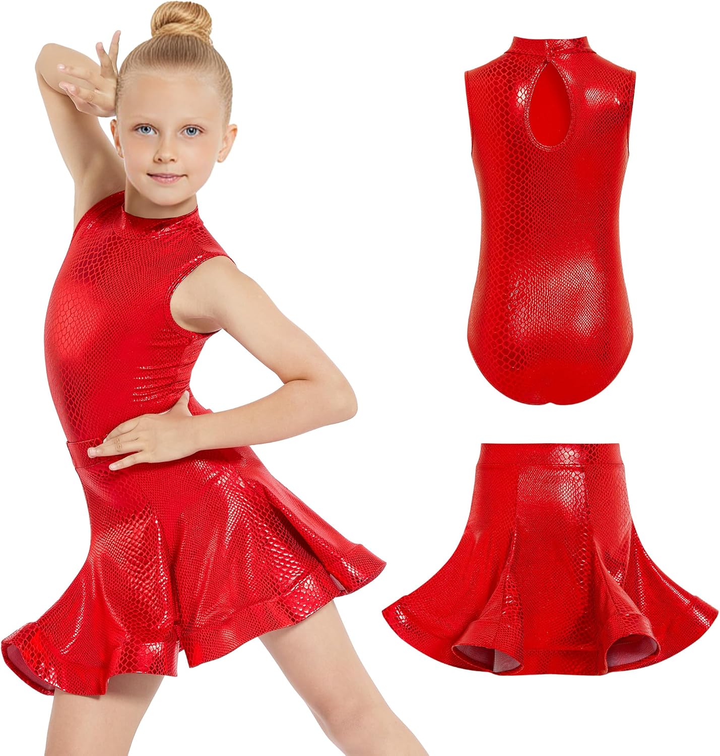 Gogokids 2Pcs Girls Latin Dance Dress Sparkly Ballet Tango Dancewear Rumba Samba Costume with Removable Flare Skirt 5-12Y