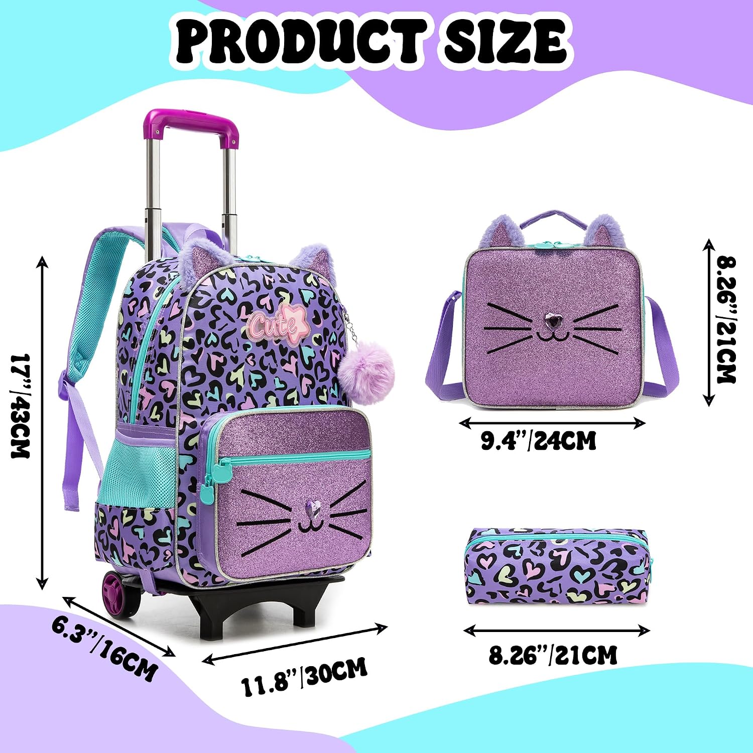 Meetbelify Girls Cute Cat Rolling Backpack with Wheels Kids Wheels Backpack for Girls Luggage with Lunch Box Pencil Case for Elementary Student