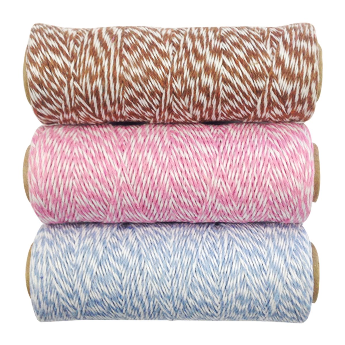 Wrapables Lot de 3 ficelles de Boulanger en Coton 4 Plis pour Emballage Cadeau et Loisirs créatifs - Bobine de 100 m - Marron/Rose/Bleu Gris