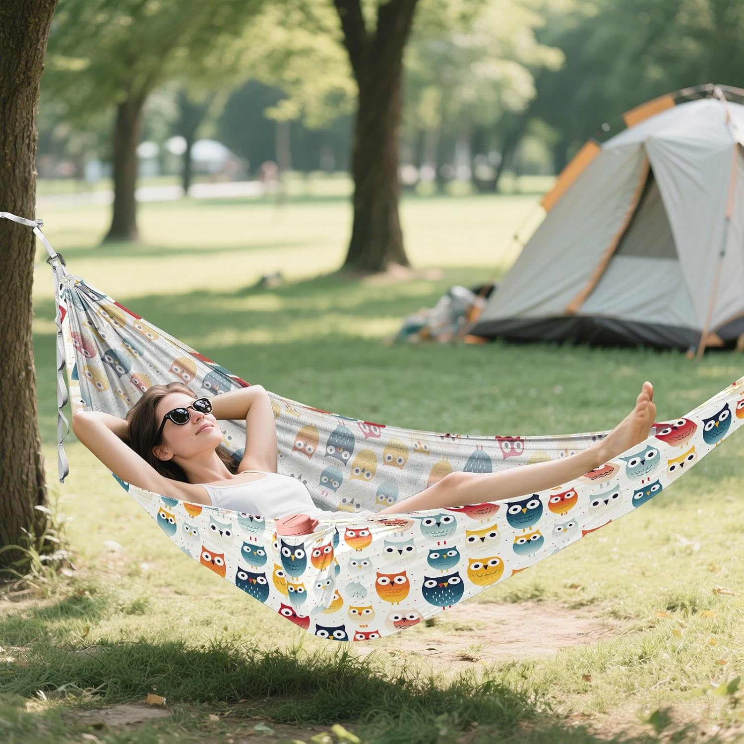 ALAZA Cute Rainbow Owl Camping Hammocks Single or 2 Person 500 lbs Portable Parachute Travel Hammock w/Tree Straps for Hiking Backpacking Indoor Outdoor