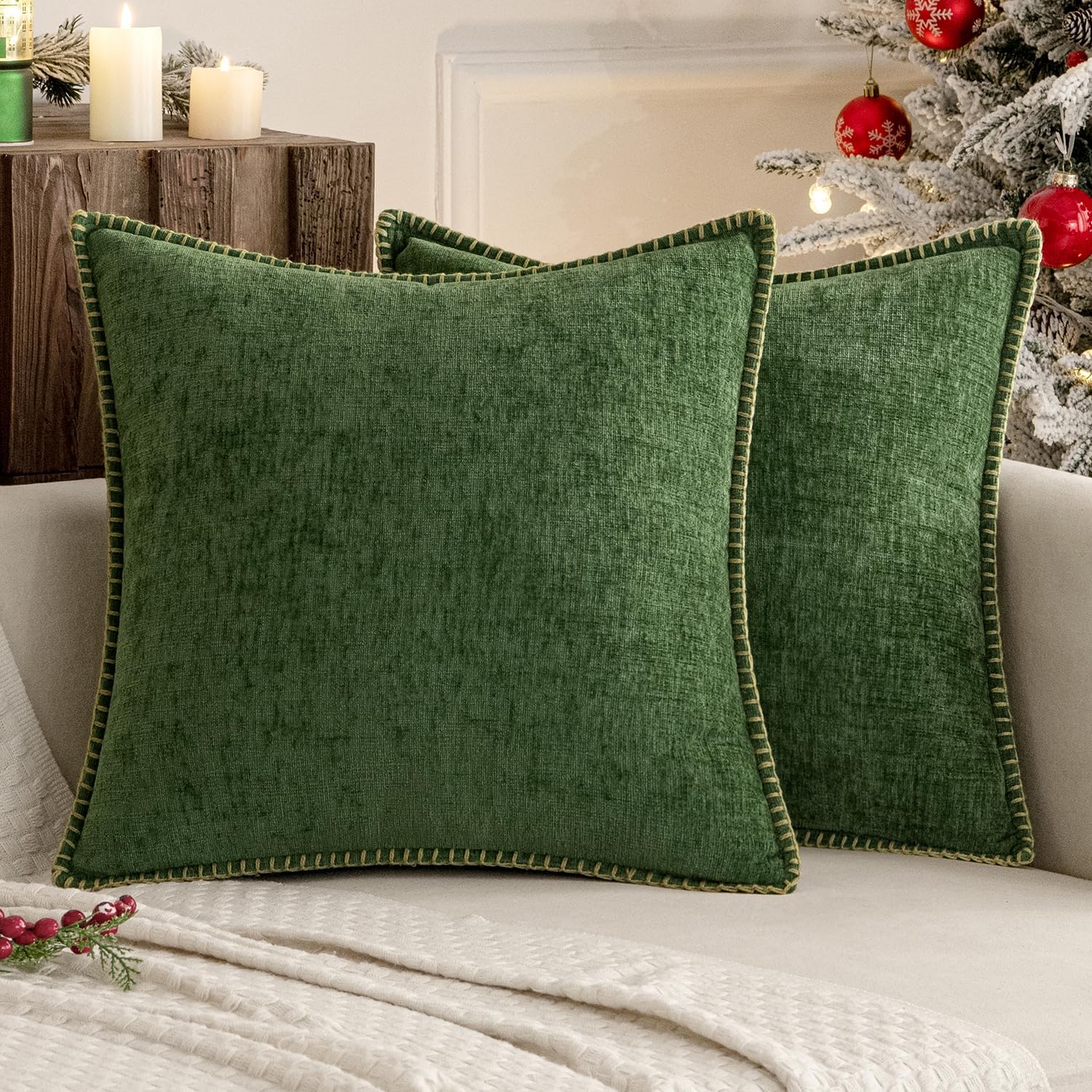 MIULEE Pack of 2 Couch Pllow Covers 18x18 Inch Moss Green Farmhouse Decorative Throw Pillow Covers with Stitched Edge Soft Chenille Solid Dyed Pillow Covers for Sofa Bed Living Room