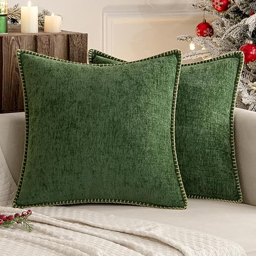 MIULEE Paquete de 2 fundas de almohada para sofá de 18 x 18 pulgadas, fundas de almohada decorativas de granja verde musgo con borde cosido, fundas