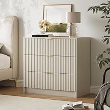 Furniway 31.5" Large Nightstand with 3 Drawers, Fluted Bedside Table, Modern Tall End Table with Storage, Wood Night Stand Organizer Cabinet for Bedroom, Beige