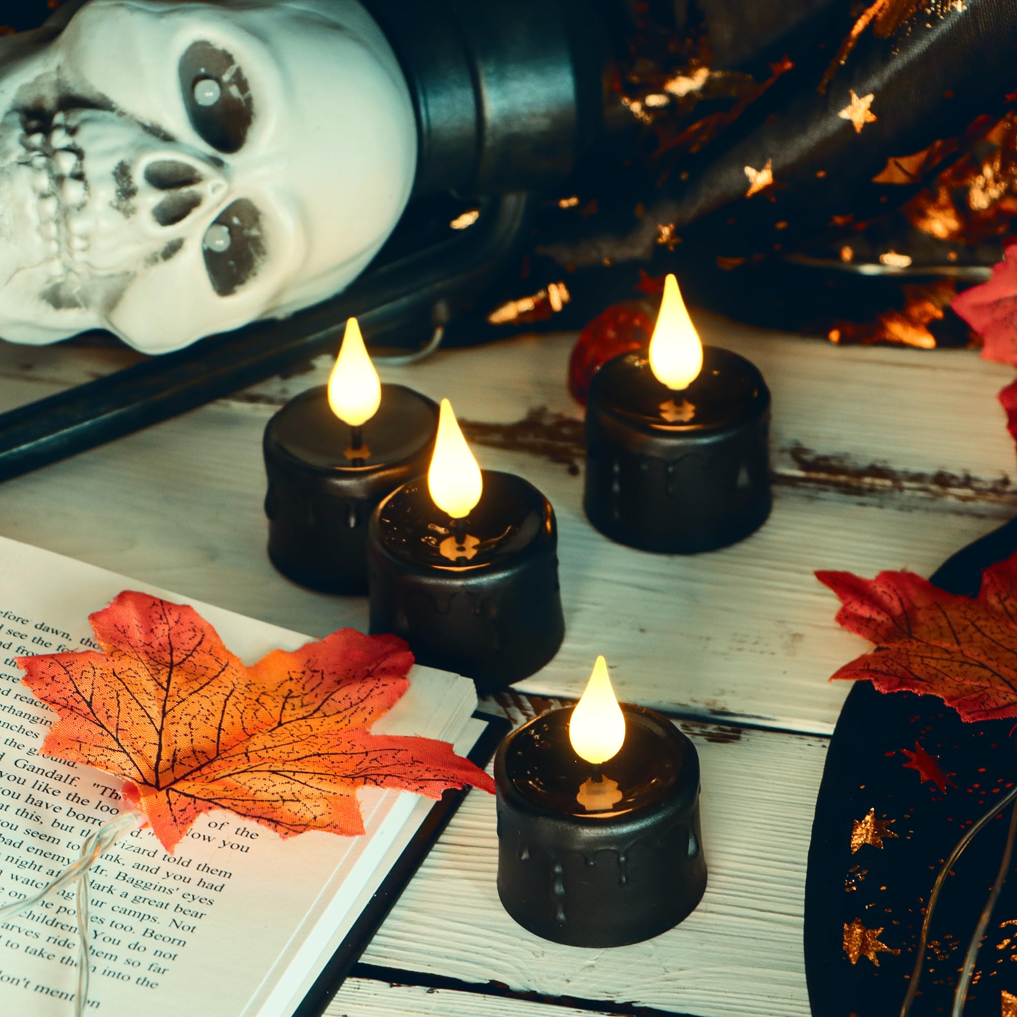 Daord 6 velas LED recargables sin llama negras para decoración de vacaciones, decoración de fiestas temáticas (negro)