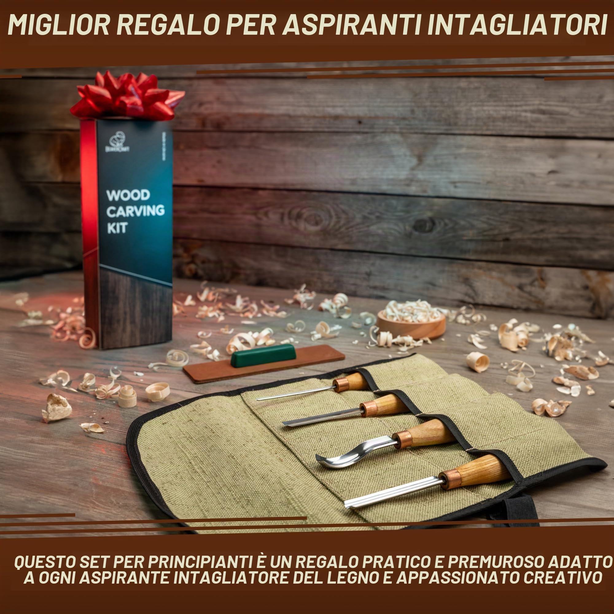 BeaverCraft Set di scalpelli per intaglio del legno SC01 Sgorbia Kit di utensili per intaglio del legno in una custodia con cinturino in pelle Scalpelli radiali Scalpello piatto Scalpello curvo