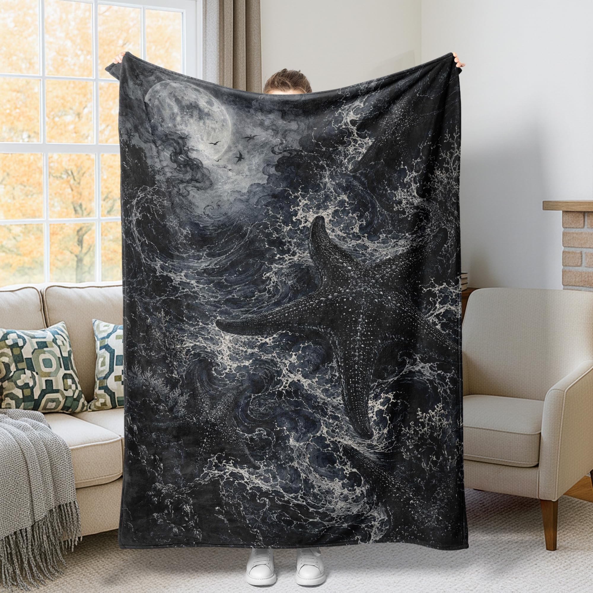 Jeté de lit en polaire anti-froid plaid lune et étoile de mer noir pour lit