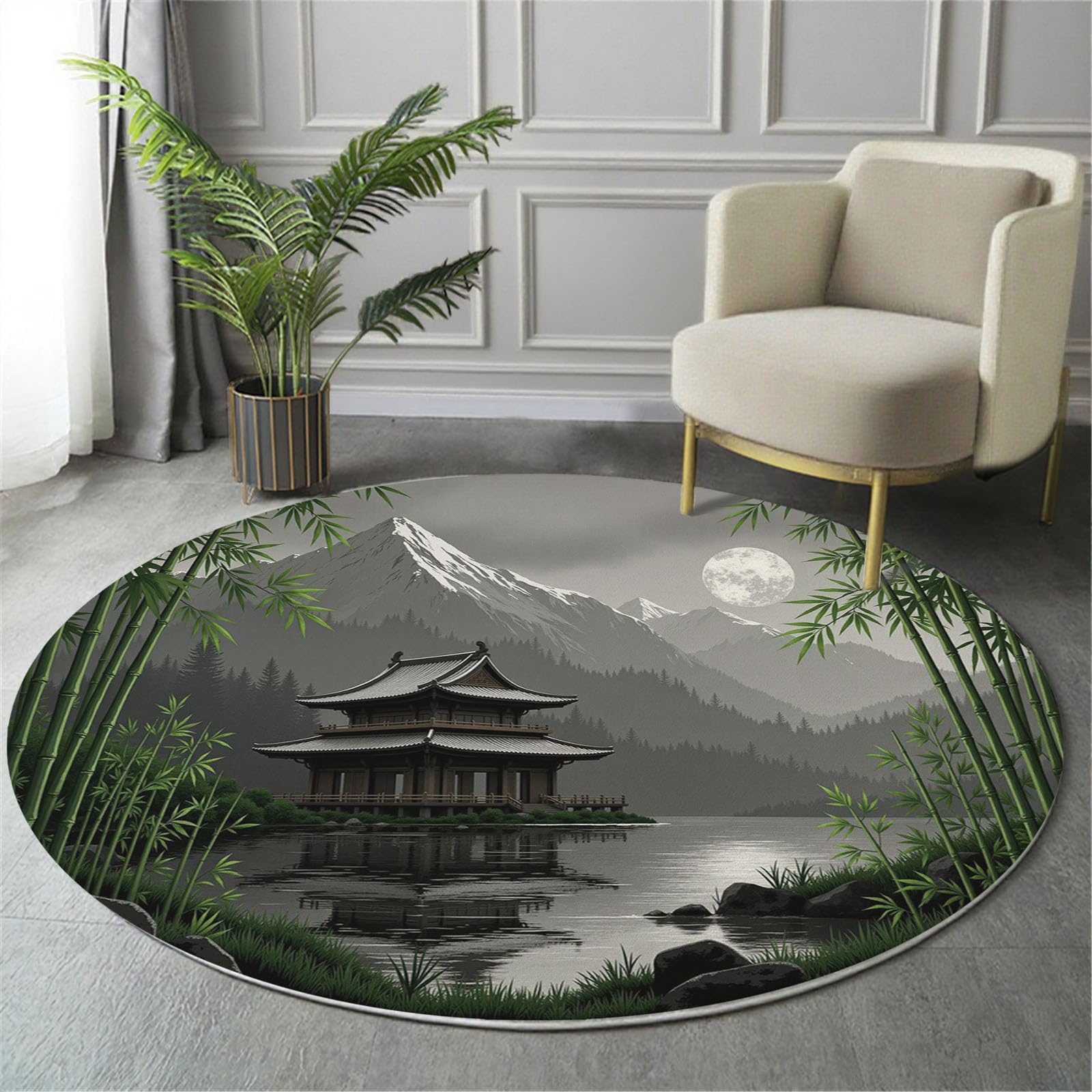 Tapis rond salon 160cm vert pour chambre et cuisine ambiance bambous zen