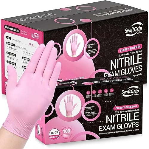 SwiftGrip Guantes de nitrilo rosa, guantes industriales rosados, sin látex, guantes de limpieza rosados, caja de 100 unidades SwiftGrip Guantes de nitrilo rosa, guantes industriales rosados, sin látex, guantes de limpieza rosados, caja de 100 unidades