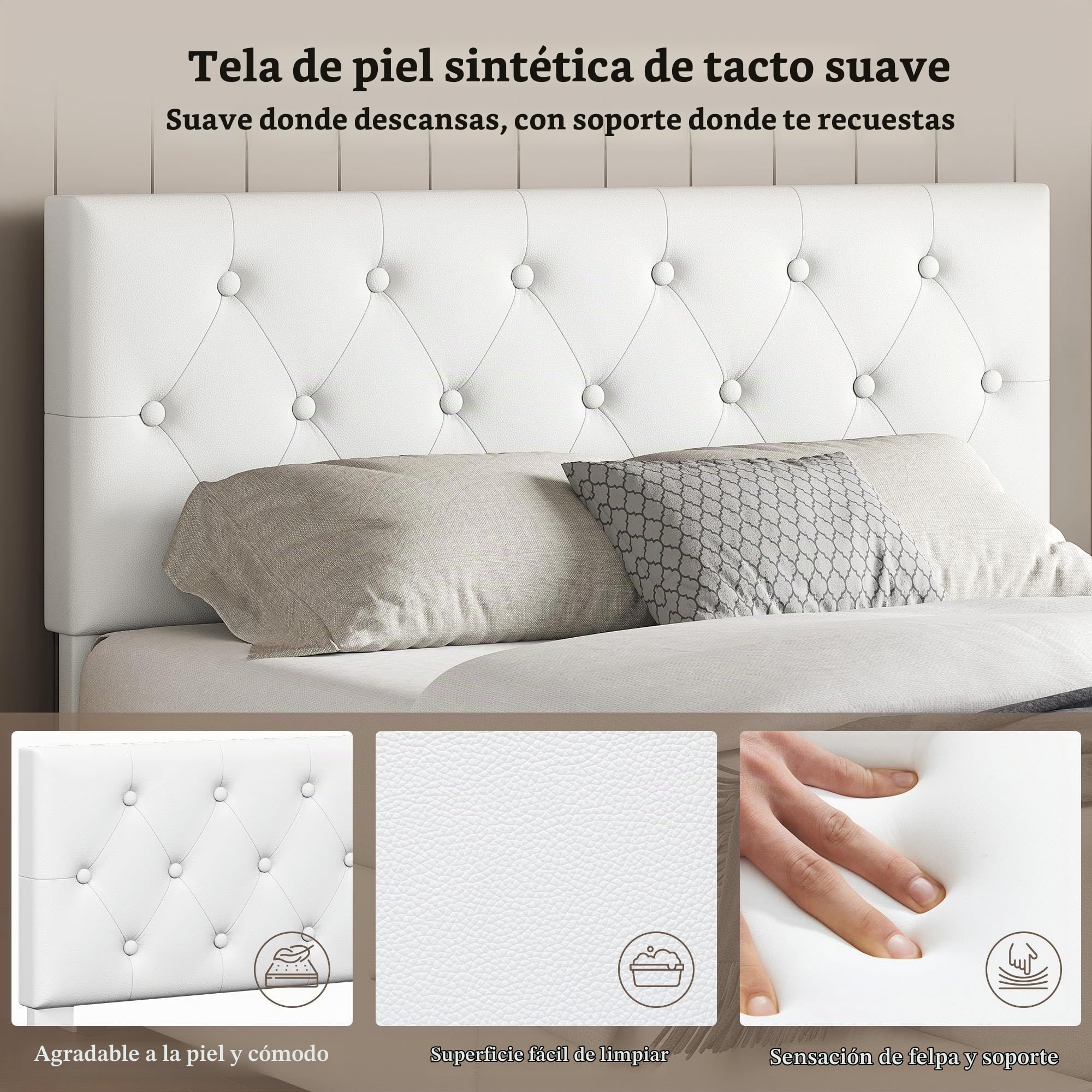Yaheetech Cama Tapizada de Piel Tirón Botón Cama Acolchada Almacenaje 140 x 200 cm Blanco
