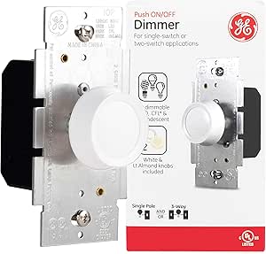 GE 3-Way Rotating Dimmer Switch, Push On/Off, Use with Dimmable LED, CFL, and Incandescent Bulbs, Includes Two Knob Colors, UL Listed, White/Light Almond, 18020