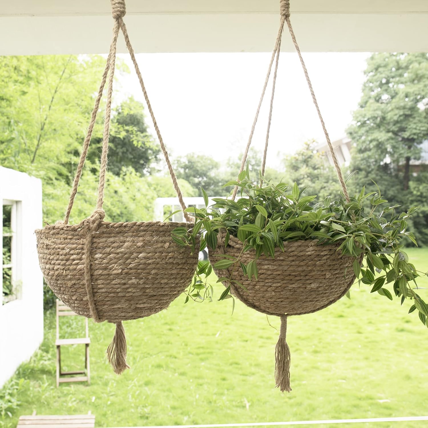Natural Seagrass Hanging Planter Basket Set, Indoor Plant Pots, Boho Decor Plant Pot Cover, 12.4 (D) 6.3 (H) Inch, Pack 2