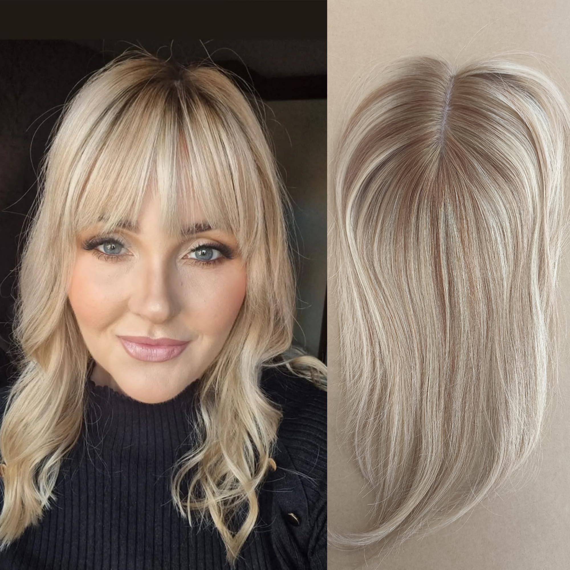 FQNing Topper Hair Piece Human Hair for Women, Crown Coverage Balayage Style No Bangs Remy Straight Hair Blonde for Thin Hair(10 Inch, T16/10,honey