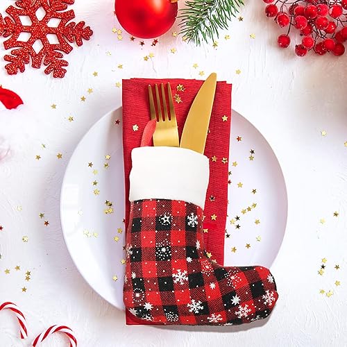 Miniatura 5 de Laumoi 60 mini medias de Navidad a granel de 5 pulgadas, calcetines de lana cuadriculada con copo de nieve y puño de felpa, pequeños adornos de