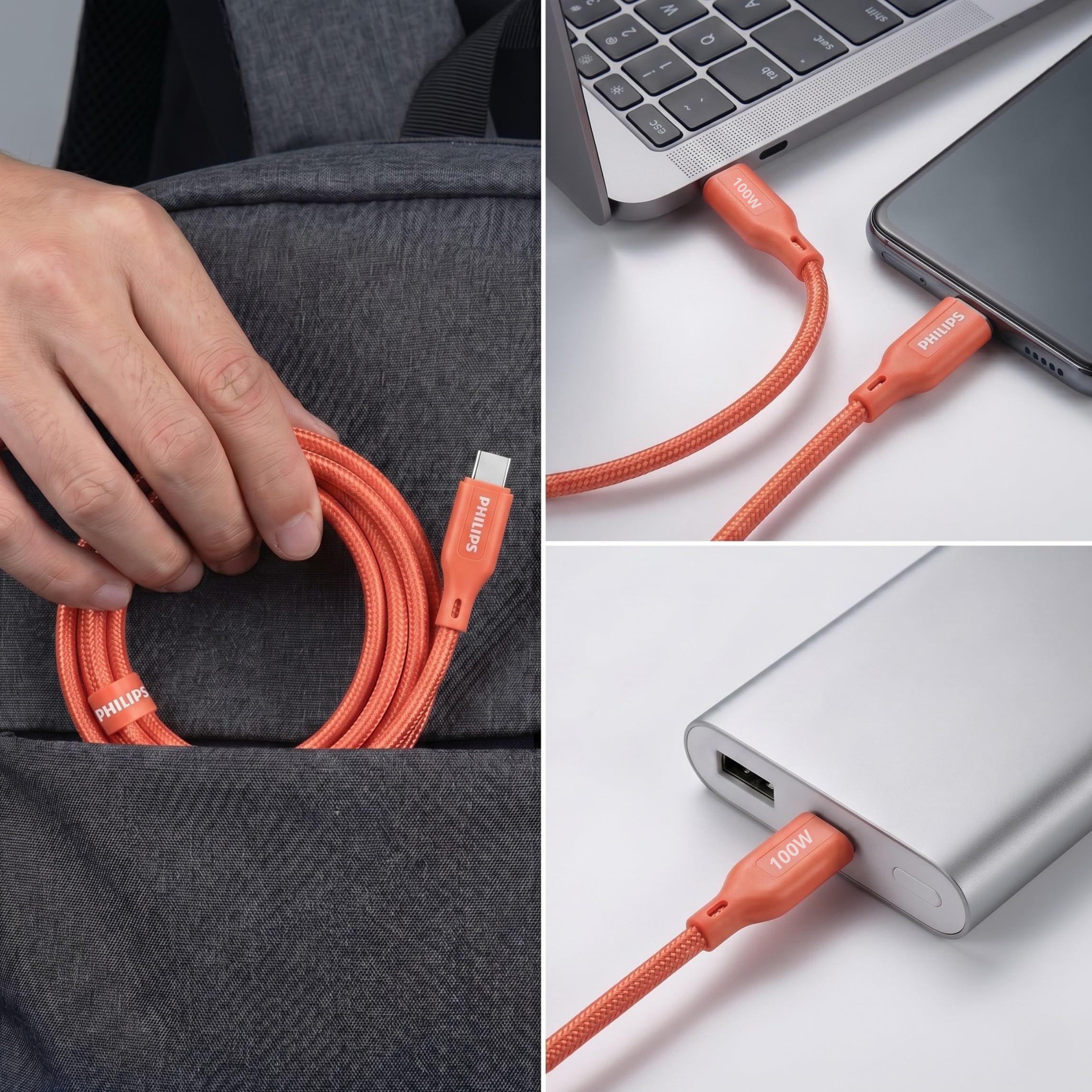 Philips 100W USB-C to USB-C Cable - Magnetic & Fast Charging -10 Philips 100W USB-C to USB-C Cable - Magnetic & Fast Charging -10