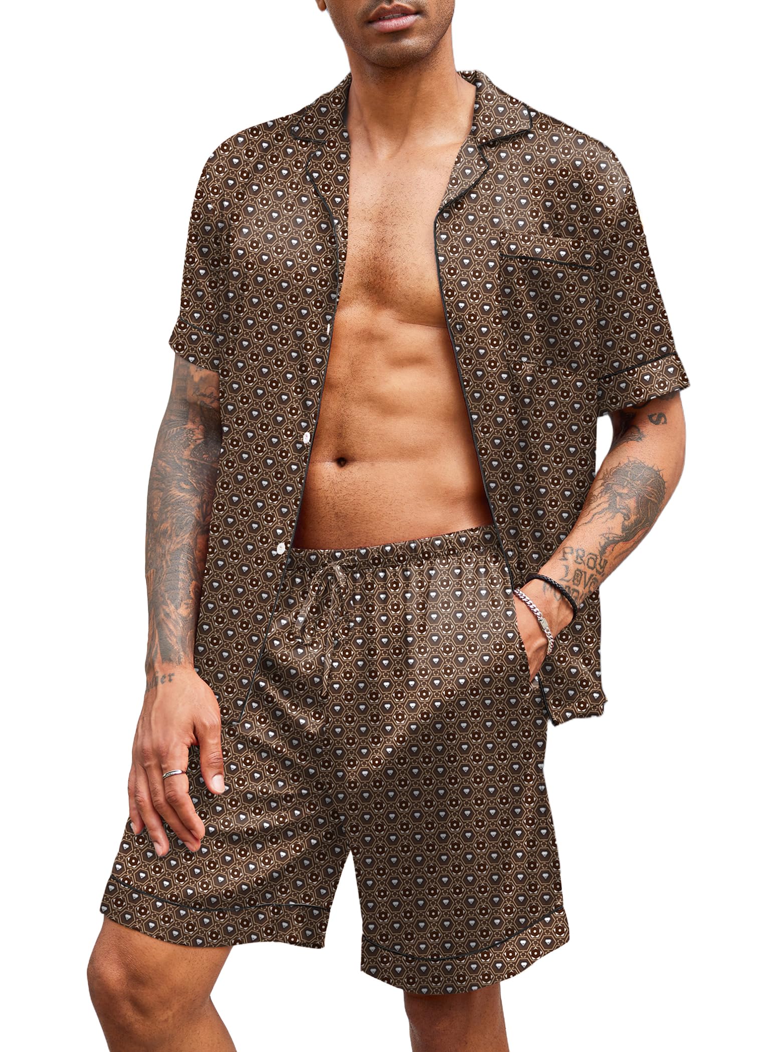 Ekouaer Mens Silk Satin Pajamas Set Short Sleeve Button Down 2 Piece PJs