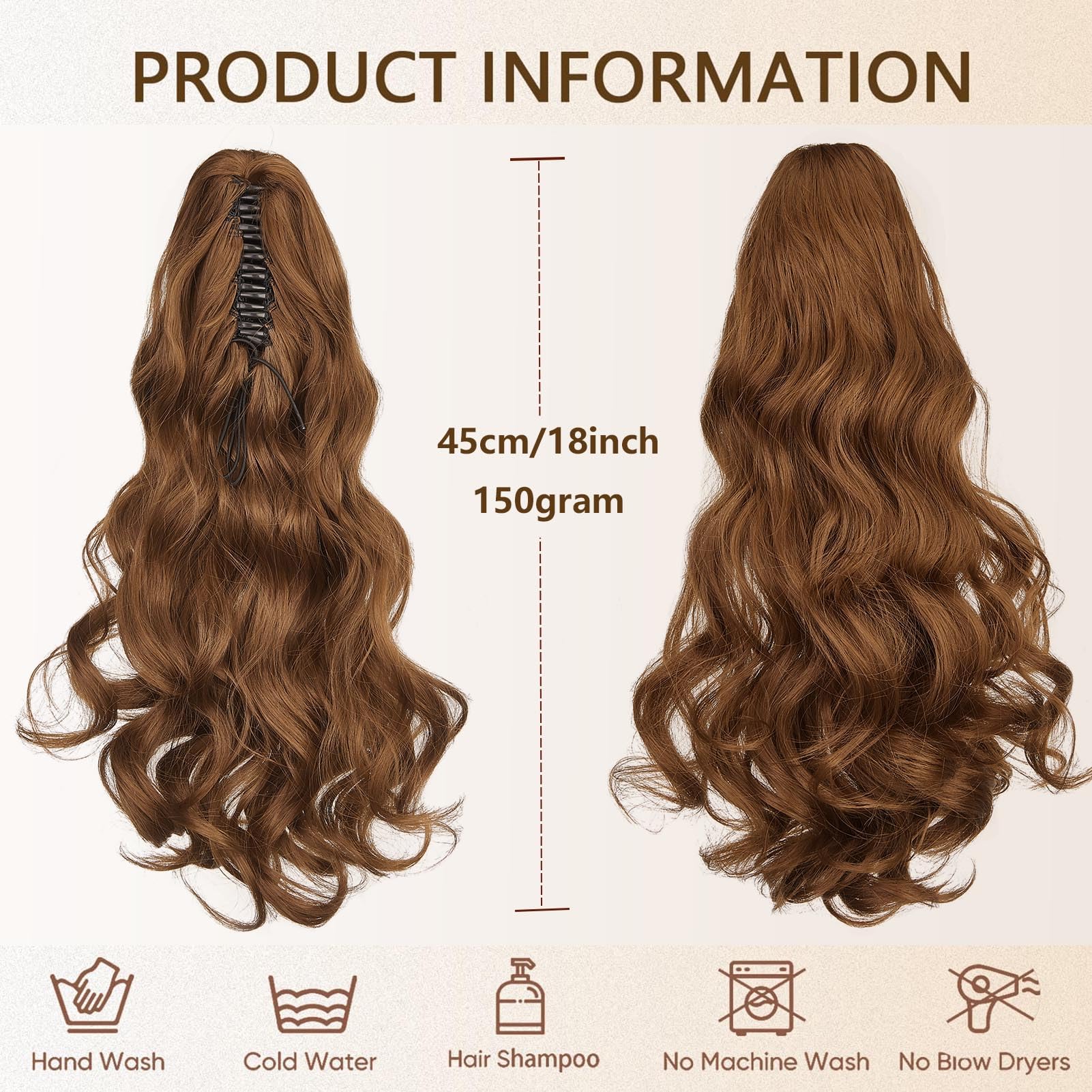 Cybelleza Ponytail Extension Curly Wavy Claw Jaw Pony Tail 18" One Piece Clip in Hair Extensions Ponytail Hairpiece Synthetic Long Natural for Women Light Auburn - Image 4