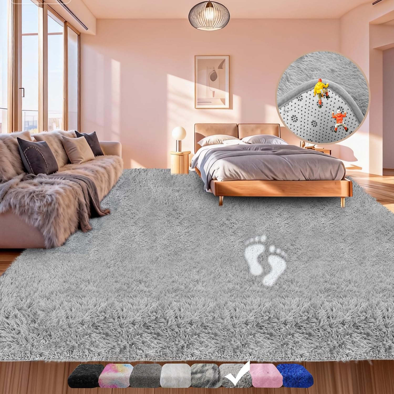 Large Shag Area Rugs 6x9 Feet, Plush Fuzzy Shaggy Rug for Living Room, Ultra Soft Fluffy Furry Rugs for Bedroom, Indoor Thick Carpet Nursery Rugs for Kids Girls Boys Dorm Room Home Decor, Light Grey