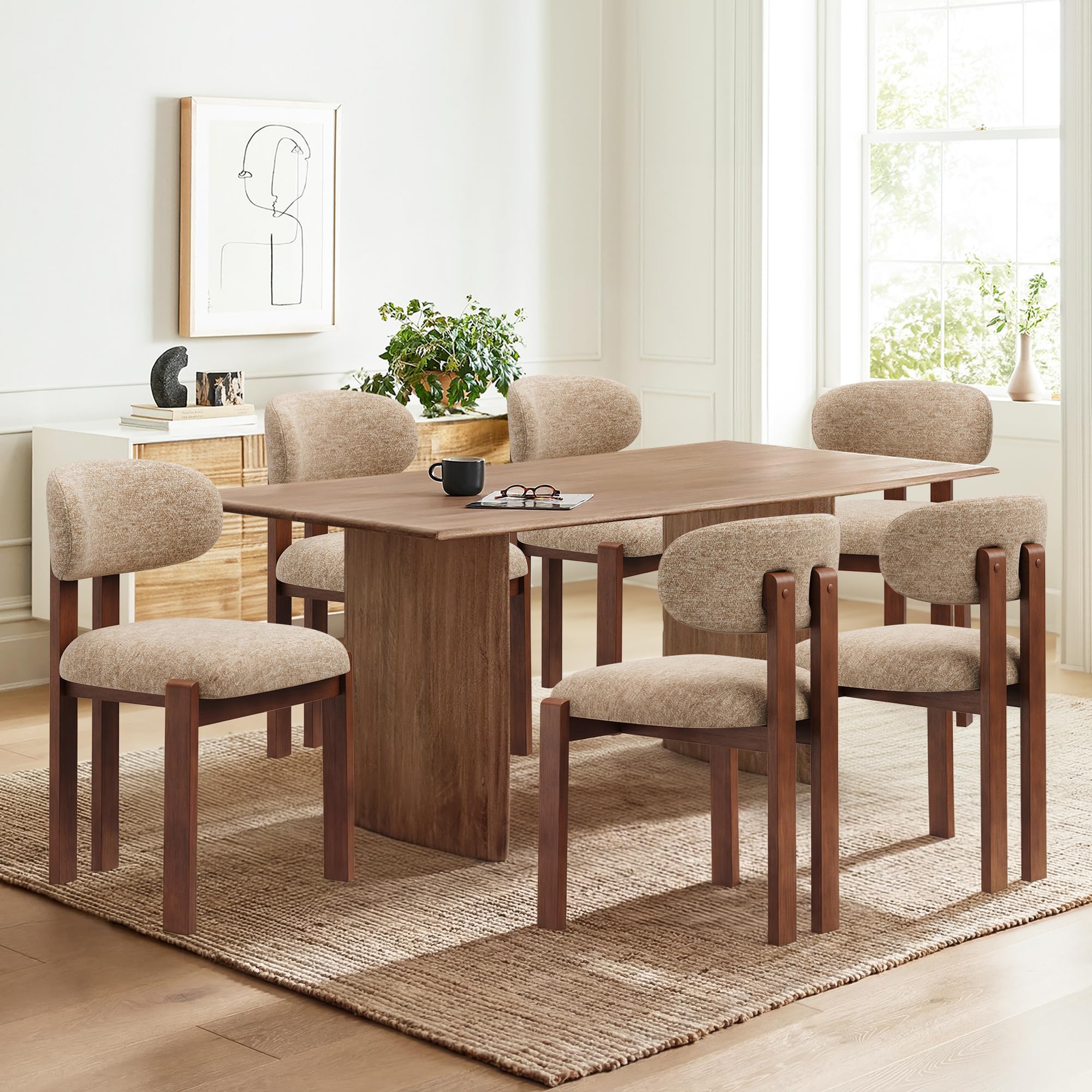 MALOL Esszimmerstühle 6er Set, Moderne Polsterstühle mit Holzbeinen in Dunkelbraun, Stoff-Essstühle mit Stabiler Rückenlehne, Kamel Geeignet für Esszimmer, Küche und Gastronomie
