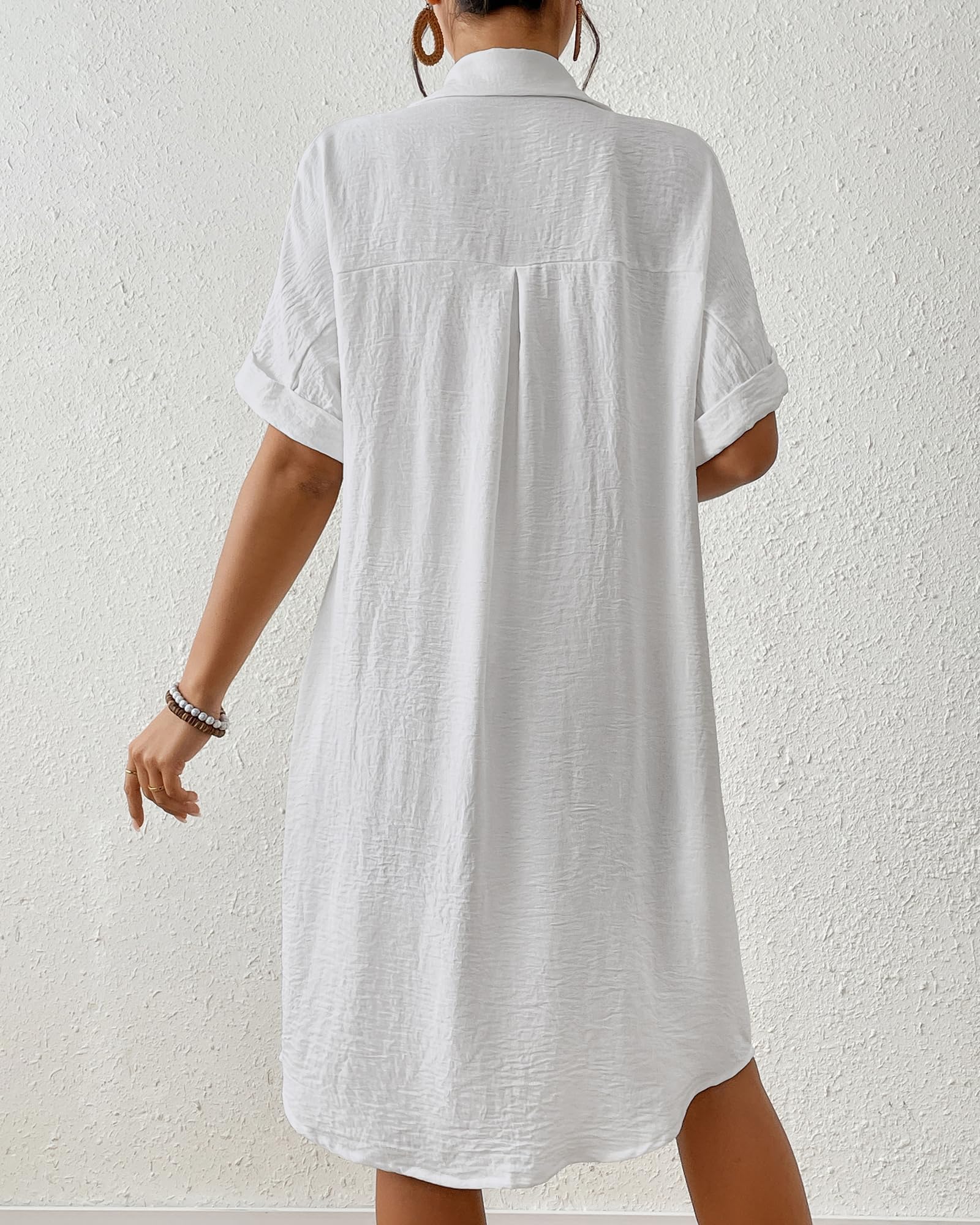 Bsubseach Vestido camisero de playa hasta la rodilla para mujer, con bolsillos, Blanco, Large