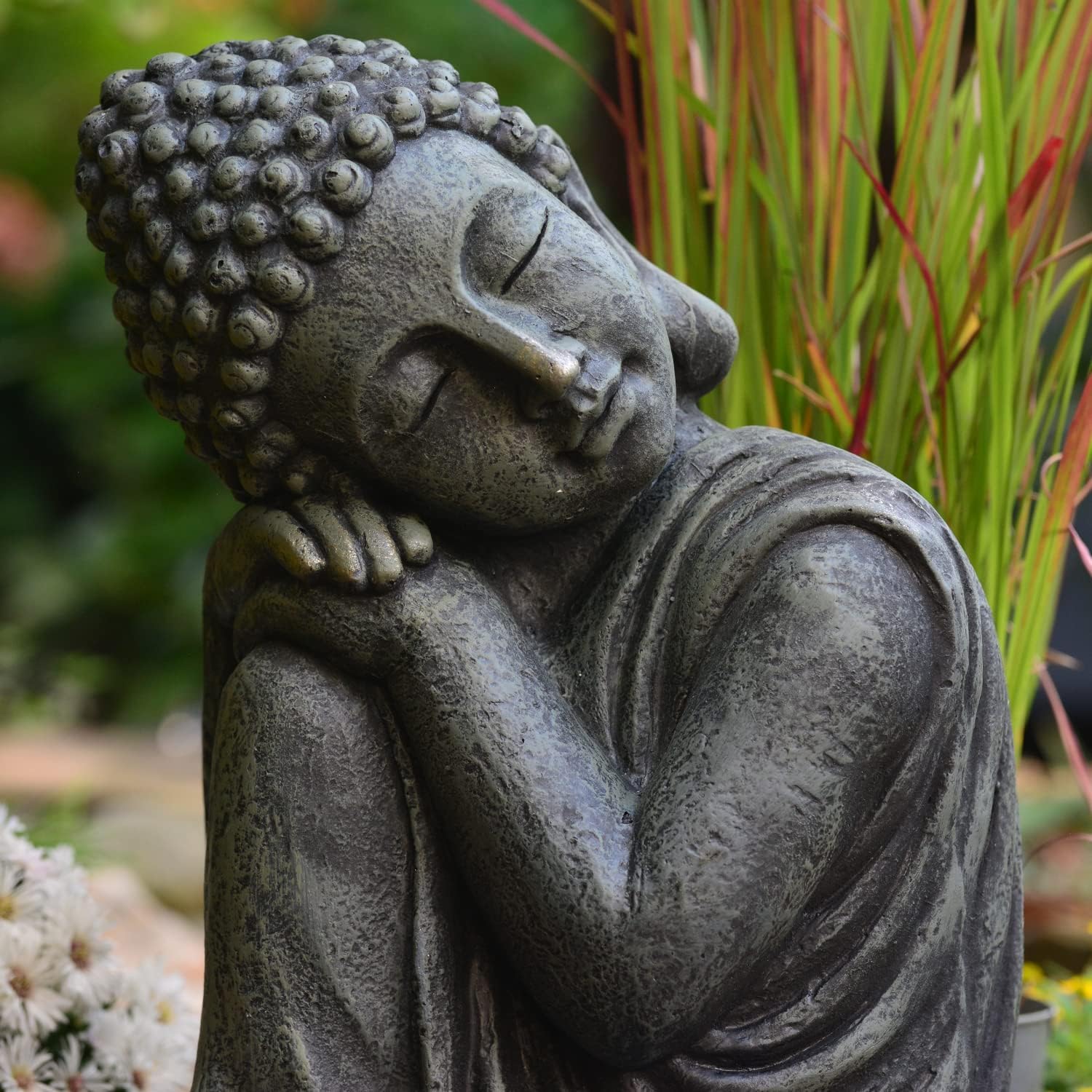 Bouddha de Jardin 44 cm Endormi – Statue Bouddha Aspect Pierre Gris – Déco Figurine Décorative pour Jardin, Terrasse & Balcon