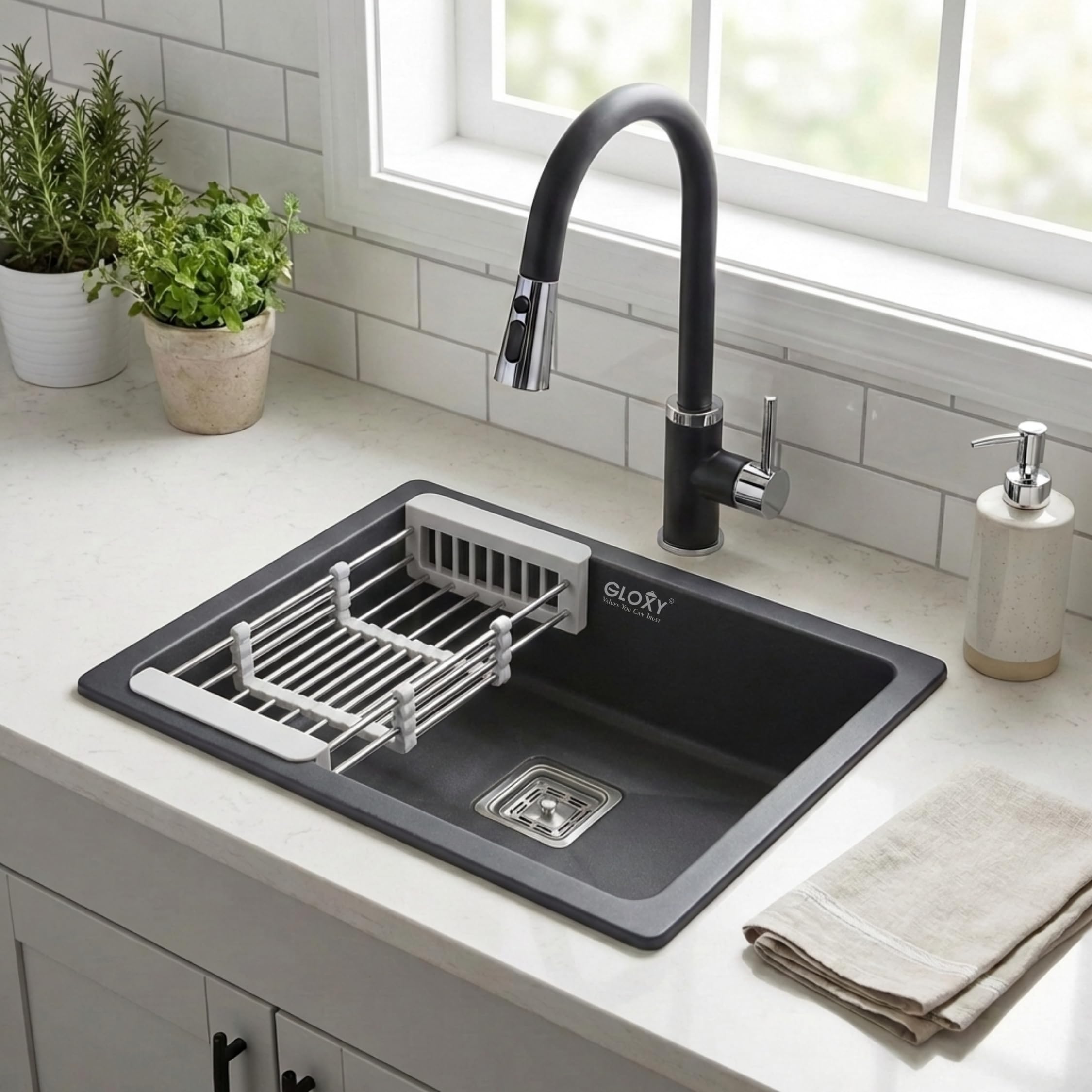 Gloxy Premium Quartz Granite Matt Finish Vessel Kitchen Sink Bowl with Sink Coupling Hose Pipe and Drainer Basket for Modern Kitchens- 16" x 18" x 10"-image-11