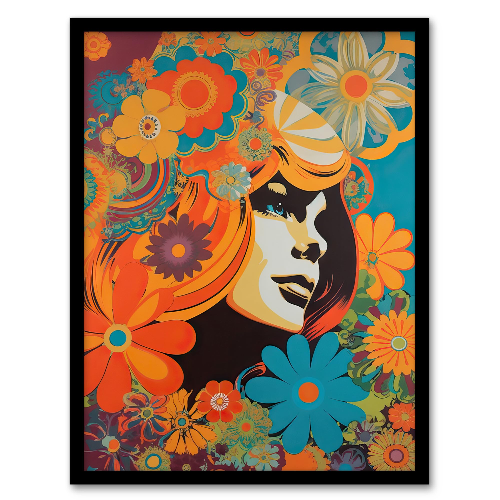 Artery8 Flower Portrait Retro Orange And Blue Abstract Portrait Vibrant Bold Bright Colourful Painting Artwork Framed Wall Art Print A4