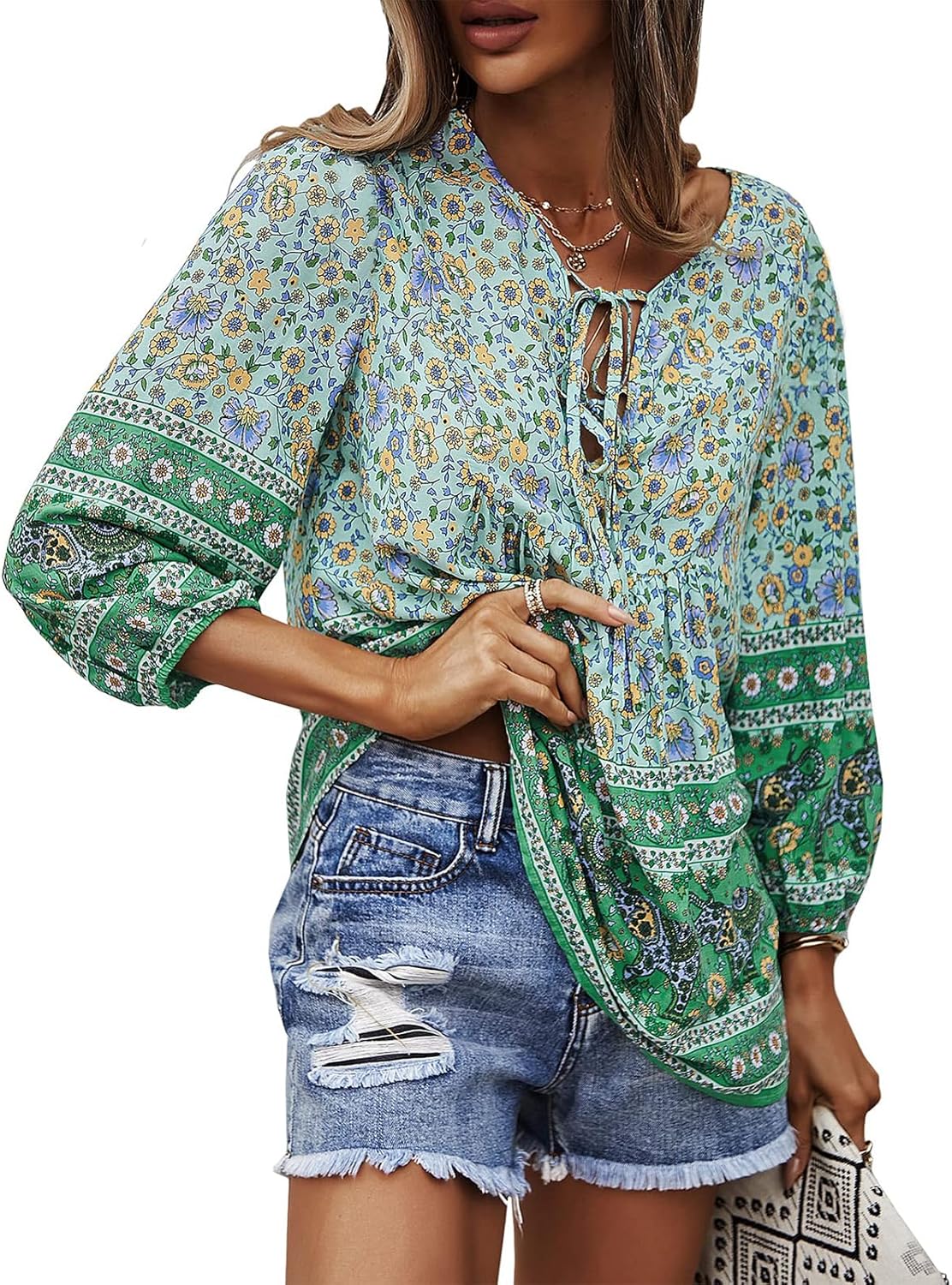 KAYWIDE Women's Casual Boho V Neck Top Loose Floral Printed Long Sleeve Beach Shirts Blouses
