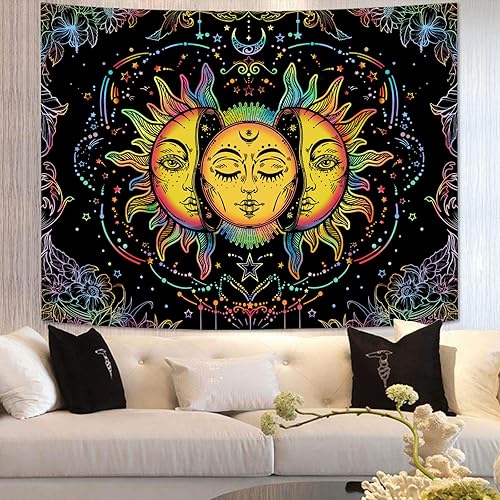 Miniatura 3 de Lifeella Tapiz de sol y luna con luz negra, tapices reactivos a los rayos UV que brillan en la oscuridad, estético místico para colgar en la pared,