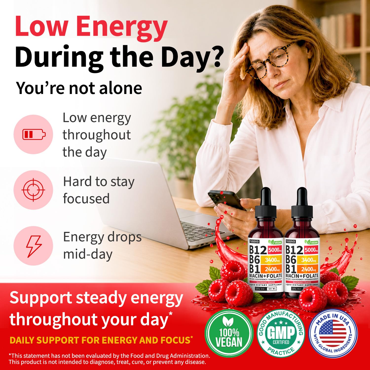 NUSAVA Vitamin B12 5000mcg with B6 & B1 Liquid Drops, Raspberry, Pack of 2 — Amazon image 2