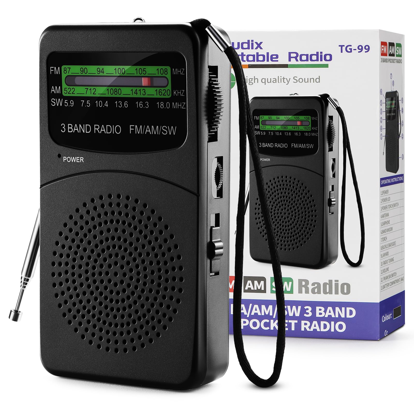 Joudix Radio a Pilas Portátil Pequeña FM/Am Transistor Kit de Emergencia Señal Súper Entrada Auriculares Linterna Escuche Noticias Entretenimiento Personas Mayores Apto para Cocinas Baños Viajes