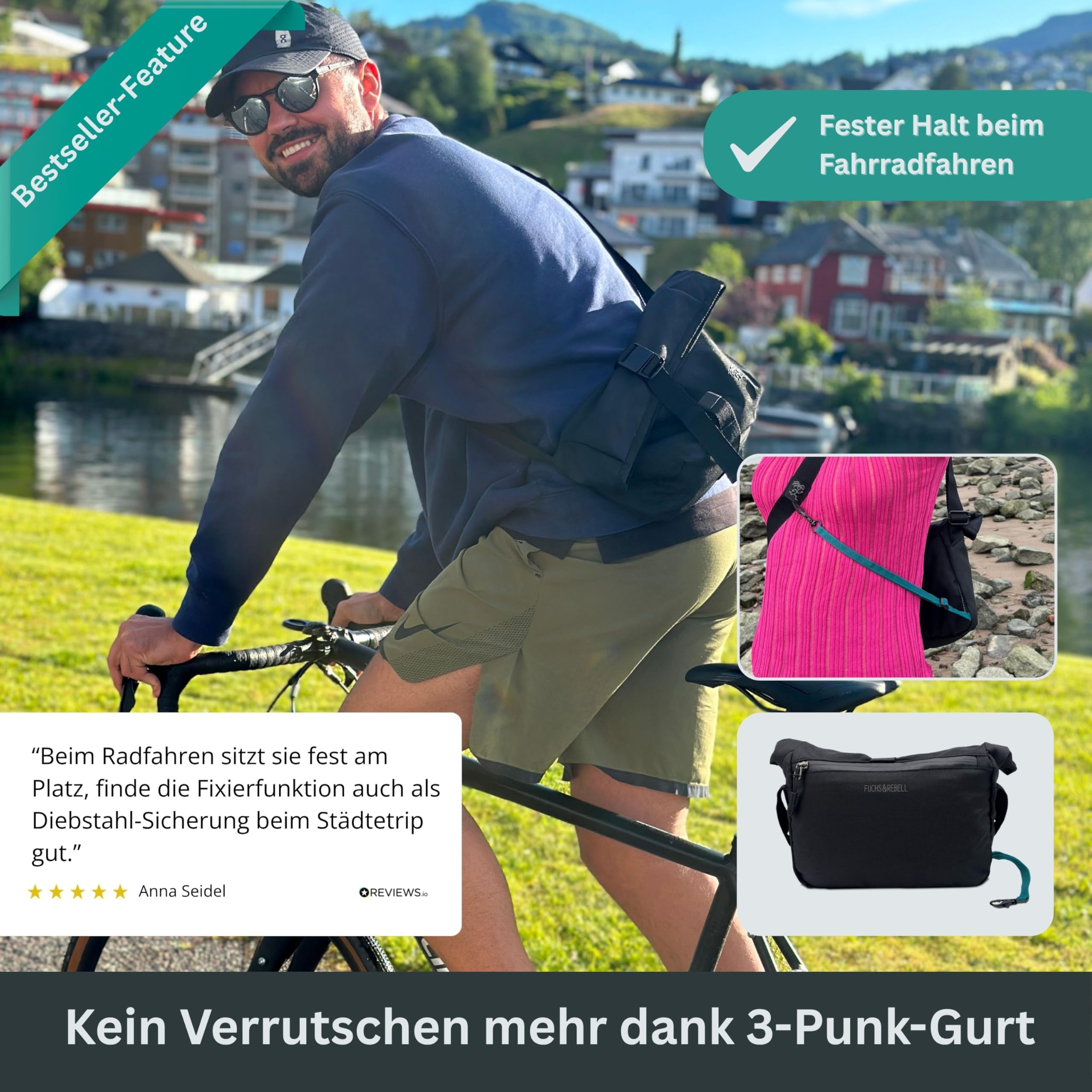 FUCHS & REBELL® Crossbody Fahrrad Tasche LUCA mit Rolltop (4,5-8L) | 3-Punkt-Gurt-System für mehr Stabilität, Robuste Magnetschnallen, Viele Fächer, Flexibles Volumen (4,5-8L)
