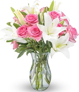 Benchmark Bouquets Pink Roses & Oriental Lilies Bouquet with Glass Vase - Farm-Fresh Flowers Delivery for Valentine's Day Gifts