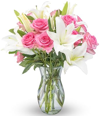 Benchmark Bouquets Oriental Lily & Pink Rose Bouquet Real Fresh Flowers for Delivery Mothers Day Flowers for Mom Long Stem Roses Fragrant Lilies Gifts for Mom & Mother-in-Law Vase Included