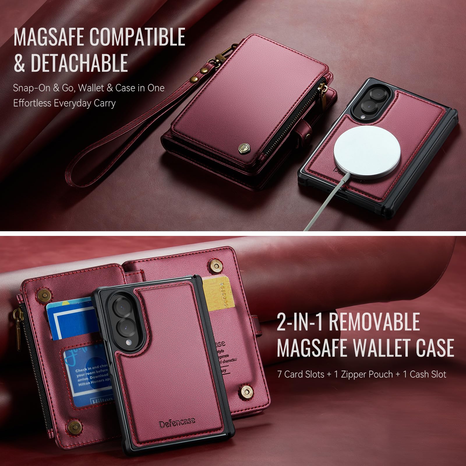 Defencase Funda tipo cartera para Galaxy Z Fold 8 compatible con Magsafe | Funda magnética desmontable para tarjetas RFID Bolcking con cremallera, piel sintética, a prueba de caídas para Samsung