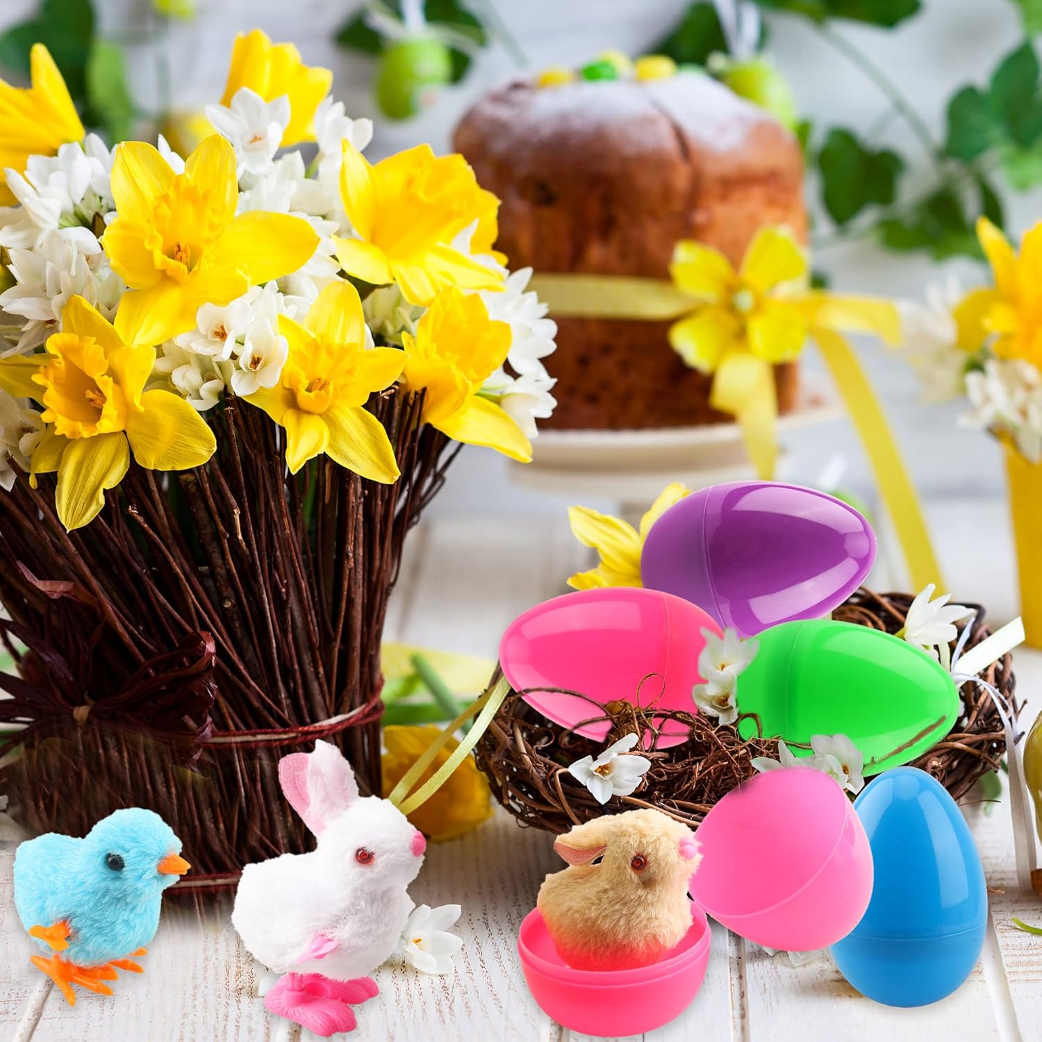 40 Pack Easter Eggs Prefilled Wind Up Chick and Hopping Plush Bunny Toy for Egg Hunt Game Basket Stuffers Easter Party Supplies